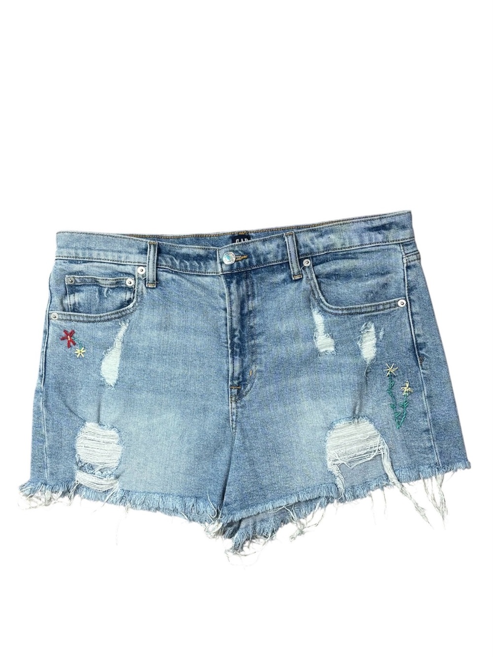 GAP Light Blue Frayed Denim 32R Shorts with Small Embroidered Summer Accents
